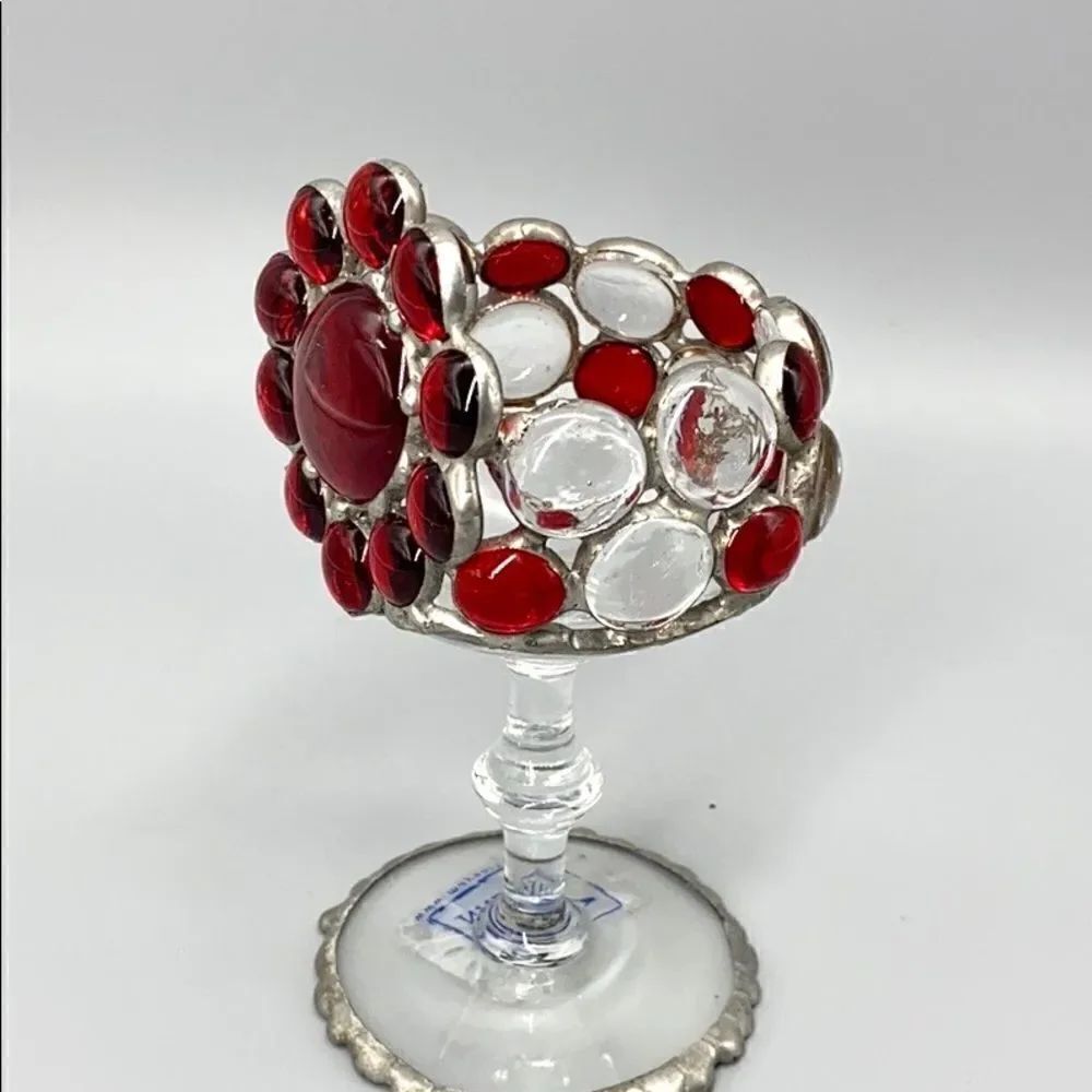 May Nadav Mosaic Art Glass Pedestal Votive Holder Decorative Bowl Red Clear